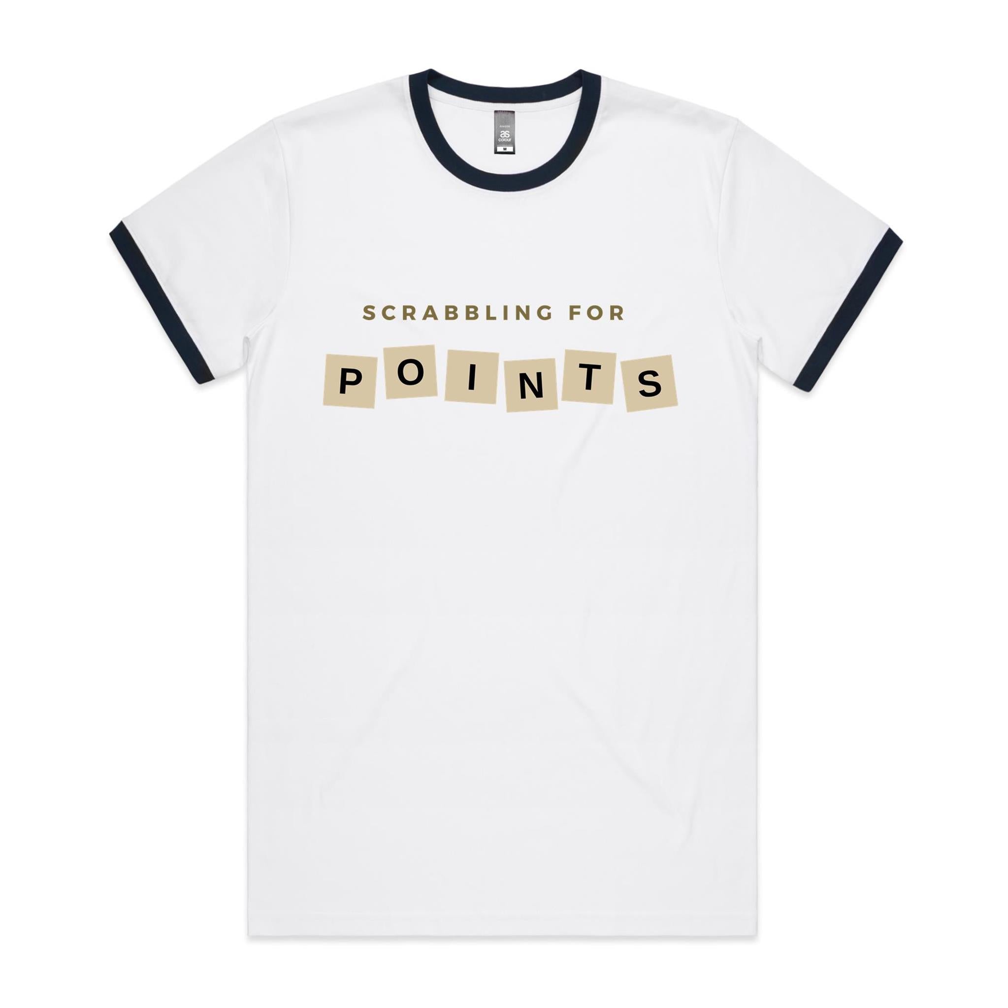 Scrabbling For Points - Staple Ringer Tee White Navy Ringer T-Shirt Games Printed In Australia