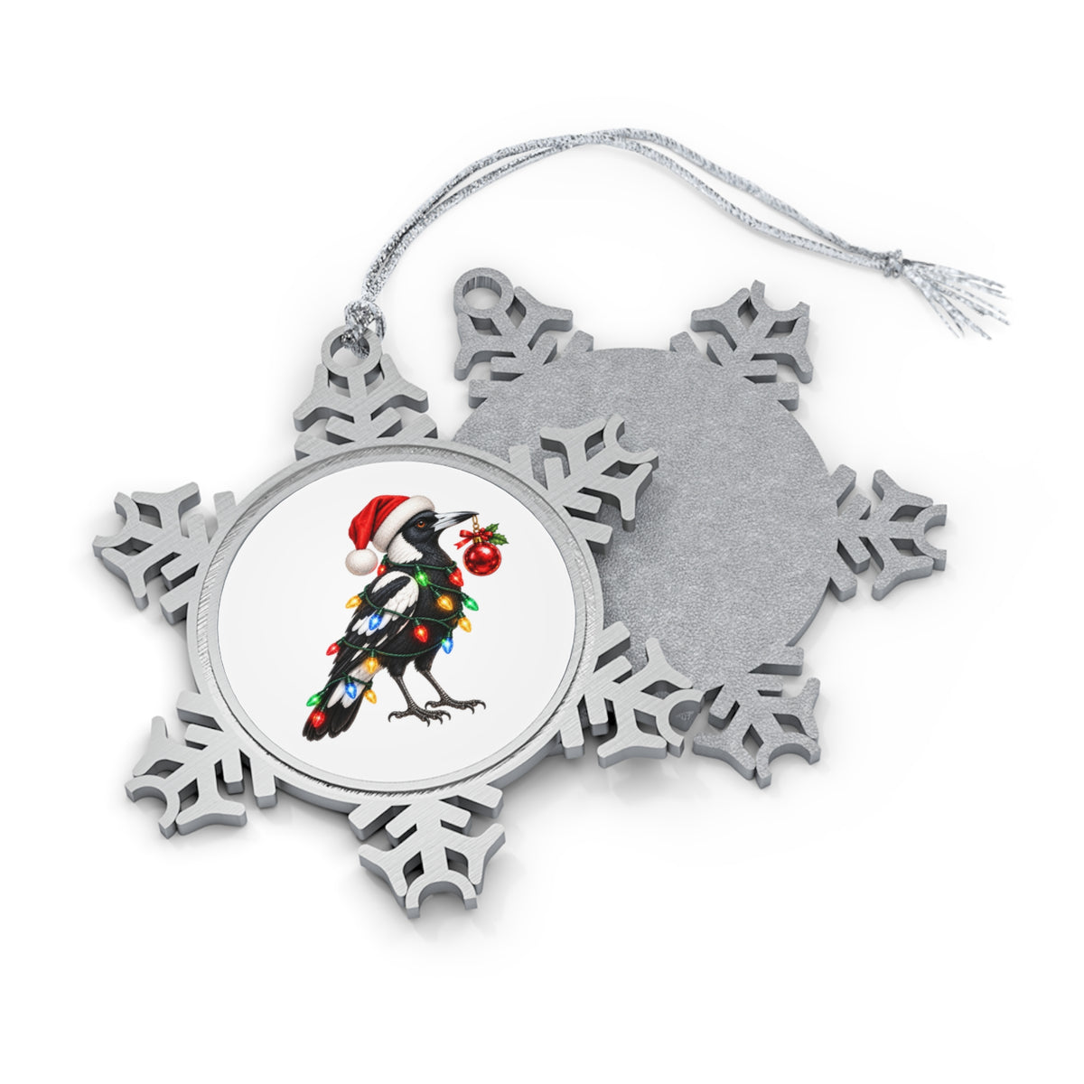 Magpie In A Santa Hat Pewter Snowflake Christmas Ornament