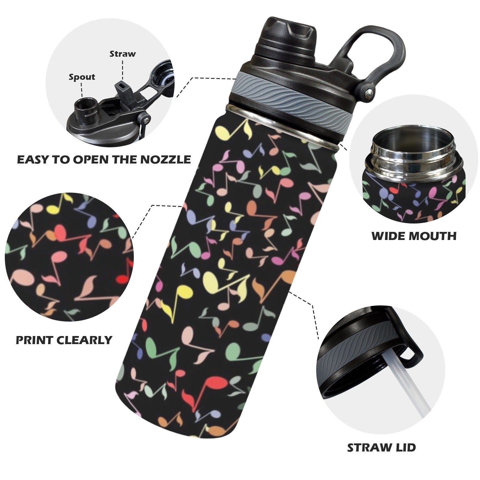 Quavers, Music Notes - Insulated Water Bottle with Dual-Use Lid (18oz) Insulated Water Bottle with Dual-Use Lid (18oz) Music Printed Offshore