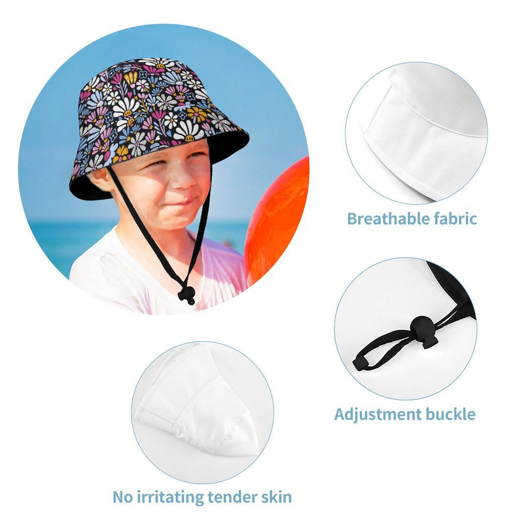 Graphic Flowers On Black Kids Bucket Hat Kids Bucket Hat Plants Printed Offshore