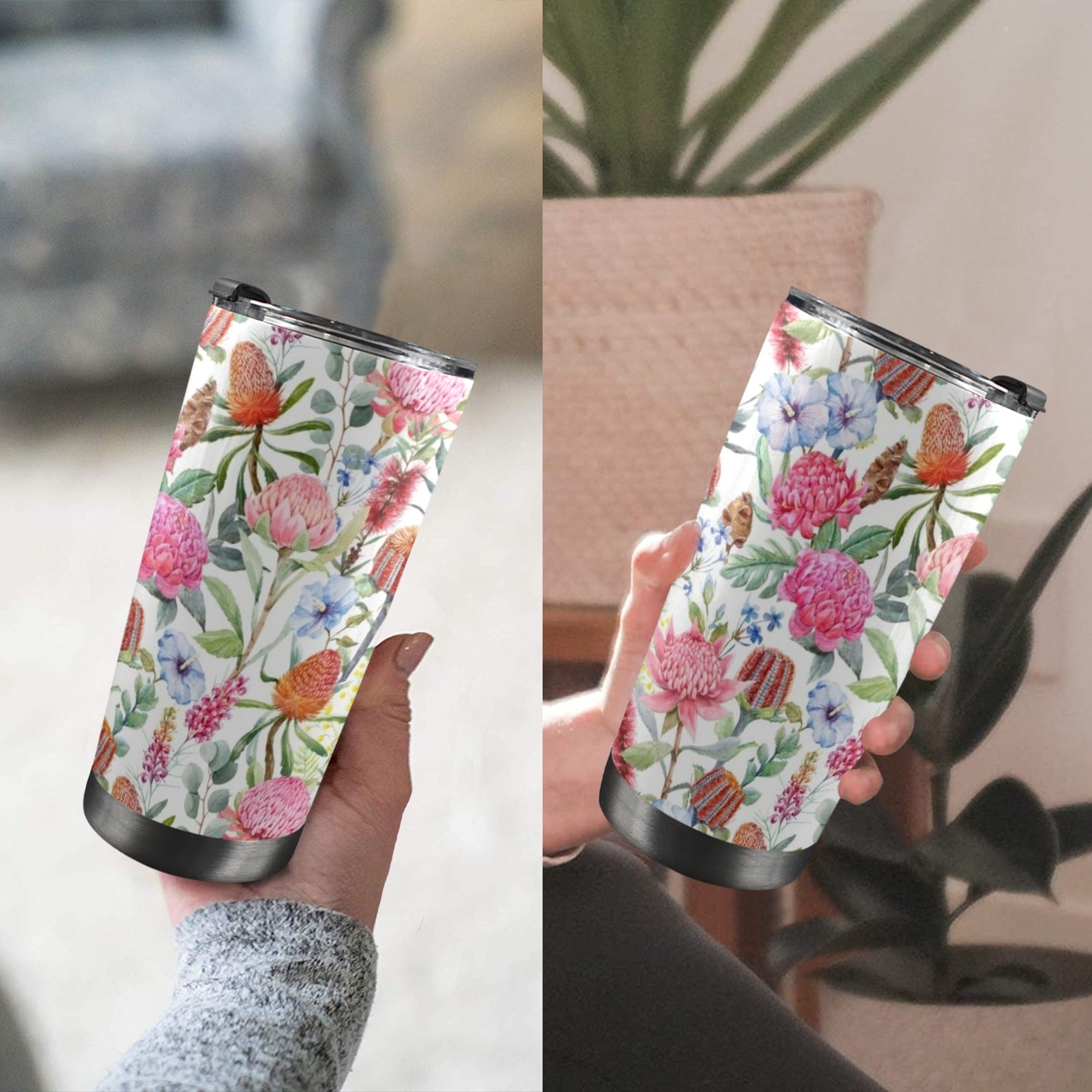 Australian Flowers - 20oz Mobile Tumbler with Lid (Black Lock) 20oz Travel Mug Plants Printed Offshore