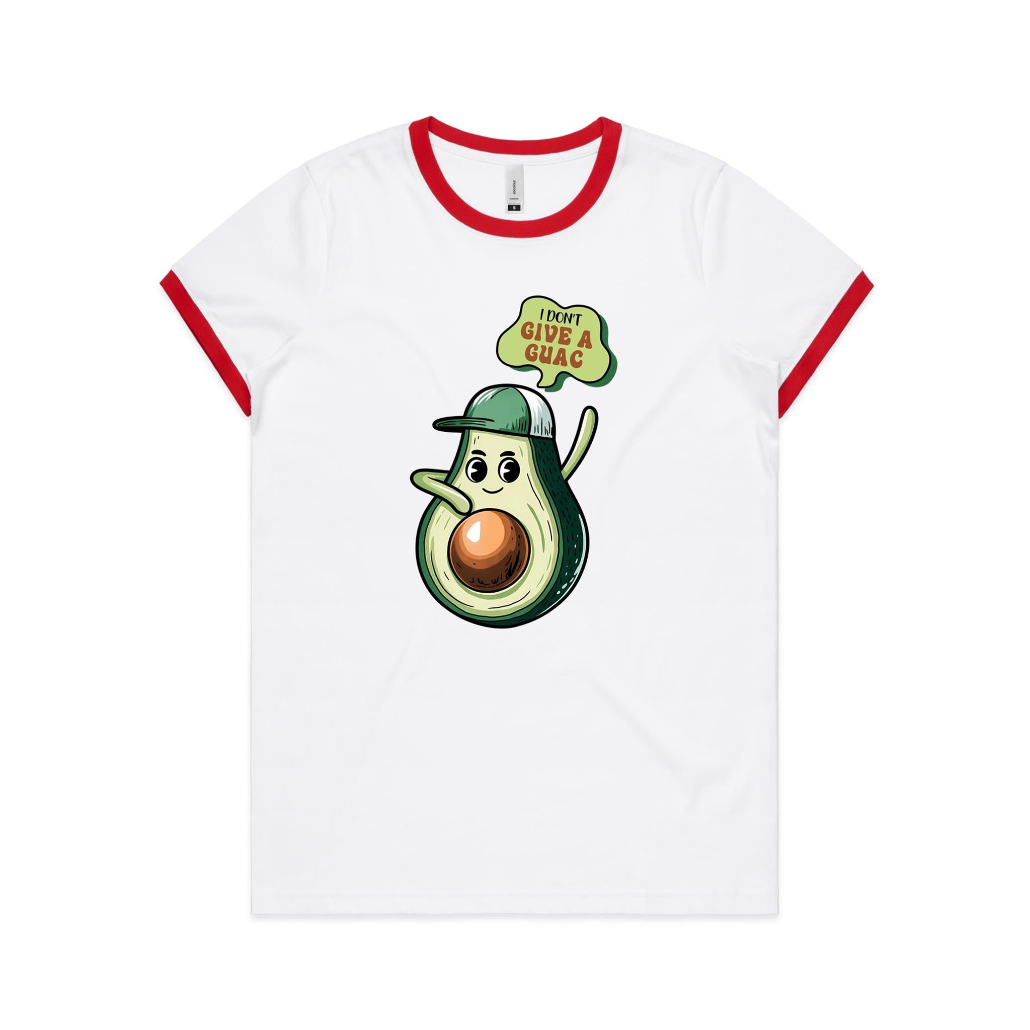 Avocado, I Don't Give A Guac - Women's Ringer Tee White Red Womens Ringer T-shirt Food Printed In Australia