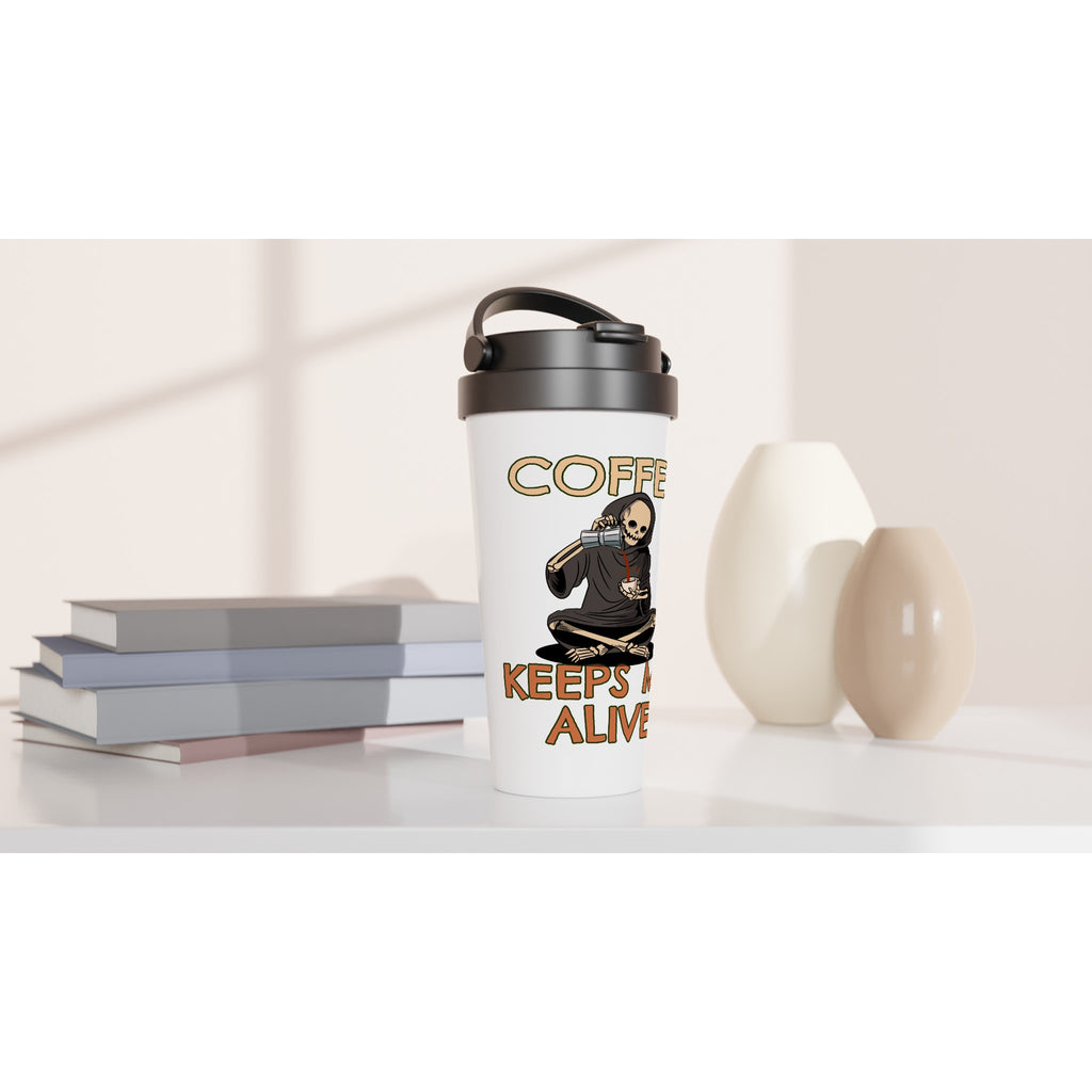 Coffee Keeps Me Alive, Skeleton - White 15oz Stainless Steel Travel Mug Travel Mug Coffee Globally Fulfilled
