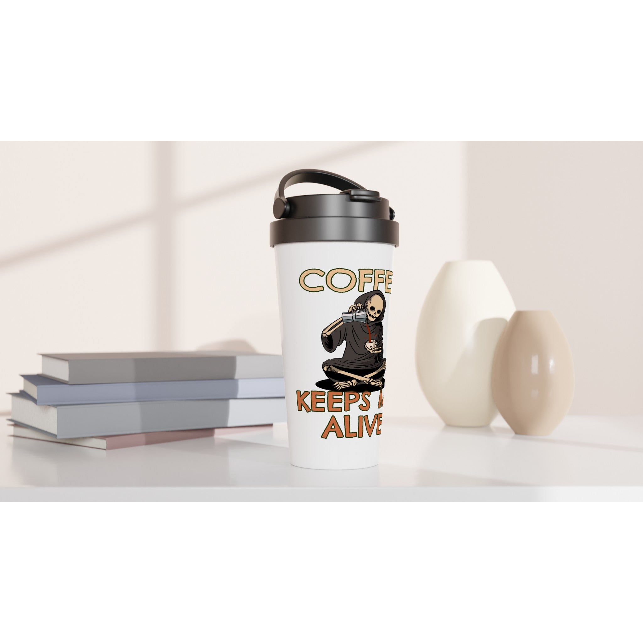 Coffee Keeps Me Alive, Skeleton - White 15oz Stainless Steel Travel Mug Travel Mug Coffee Globally Fulfilled