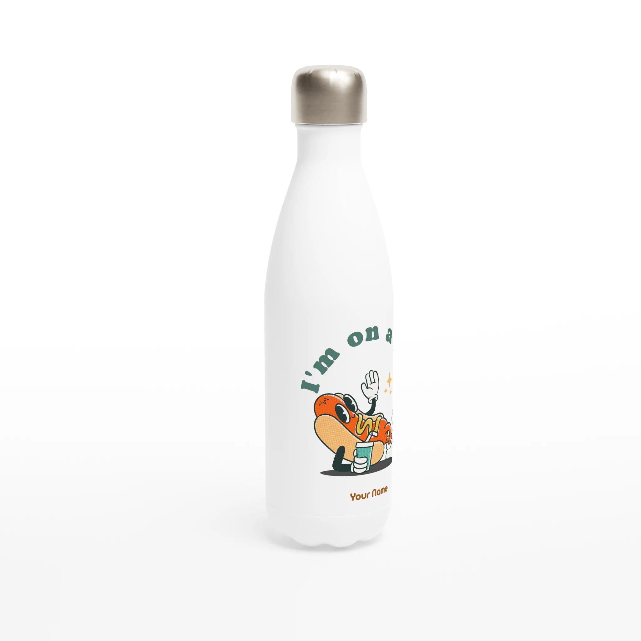 Personalised - Hotdog, I'm On A Roll - White 17oz Stainless Steel Water Bottle Personalised Water Bottle customise Food Globally Fulfilled personalise Retro