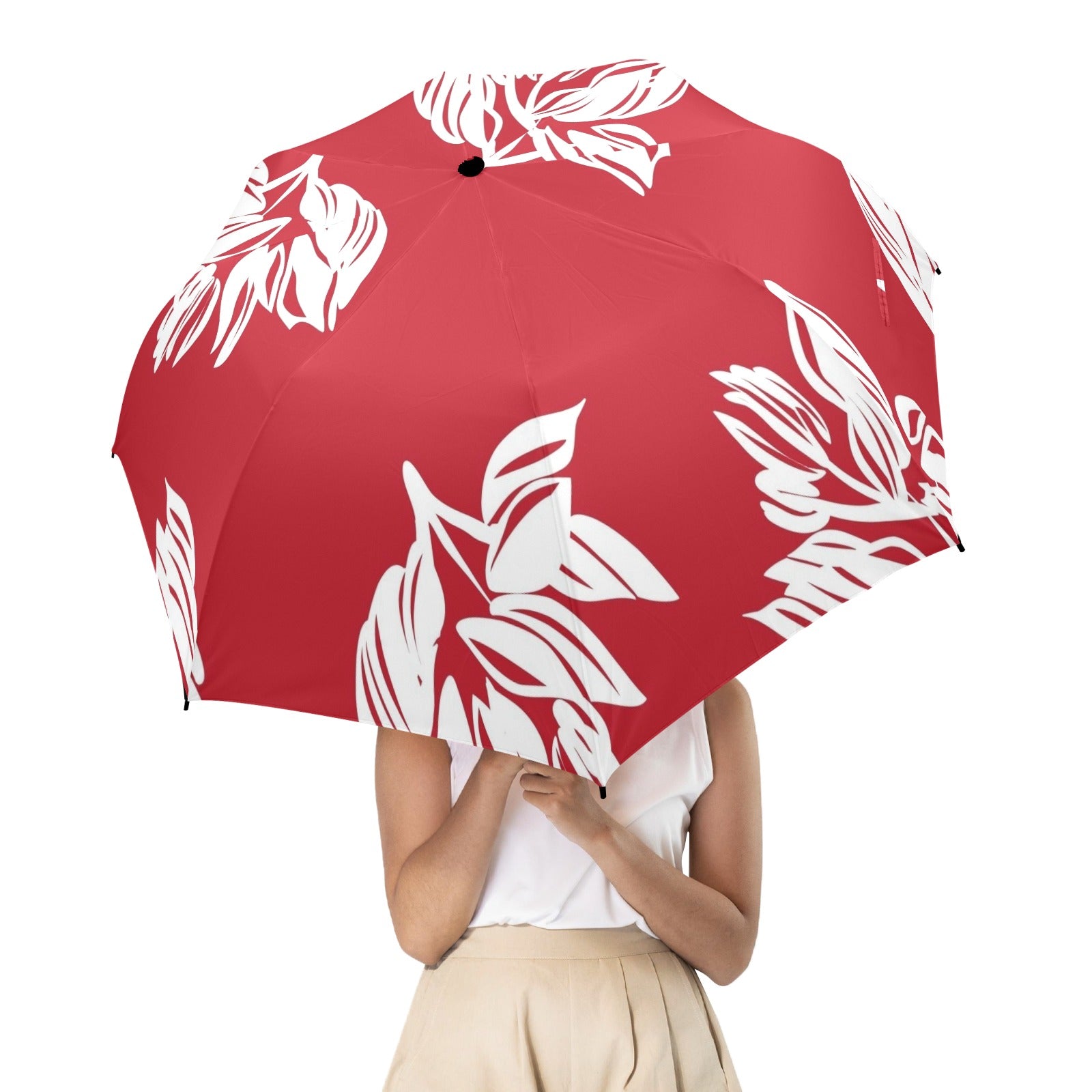 Red Retro Foliage, Hawaiian Flower - Semi-Automatic Foldable Umbrella (Model U12) Semi-Automatic Foldable Umbrella (U12)