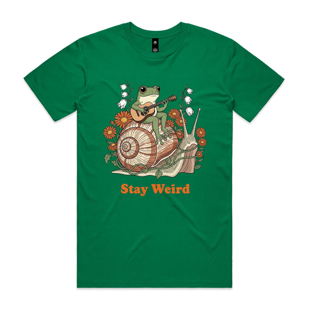 Stay Weird, Guitar Playing Frog On A Snail Men's AS Colour T-shirt Kelly Green Mens T-shirt animal Music Printed In Australia