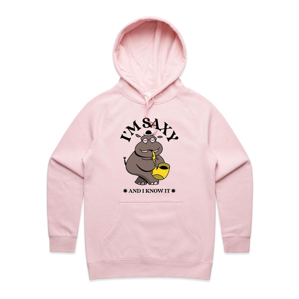 I'm Saxy And I Know It, Hippo Saxophone Player - Womens Hoodie Pink Womens Hoodie animal Music Printed In Australia
