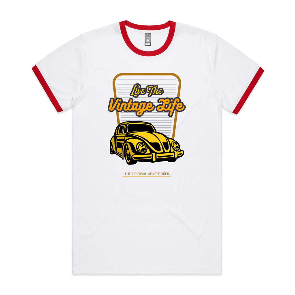 Live The Vintage Life, Car - Staple Ringer Tee White Red Ringer T-Shirt Printed In Australia Retro