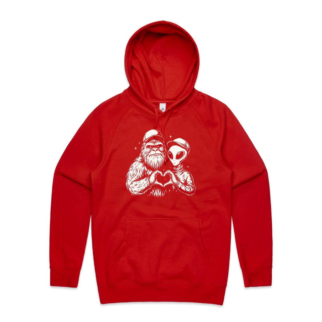 Alien Bigfoot Heart Hands - Mens Hoodie Red Mens Hoodie Love Printed In Australia Sci Fi