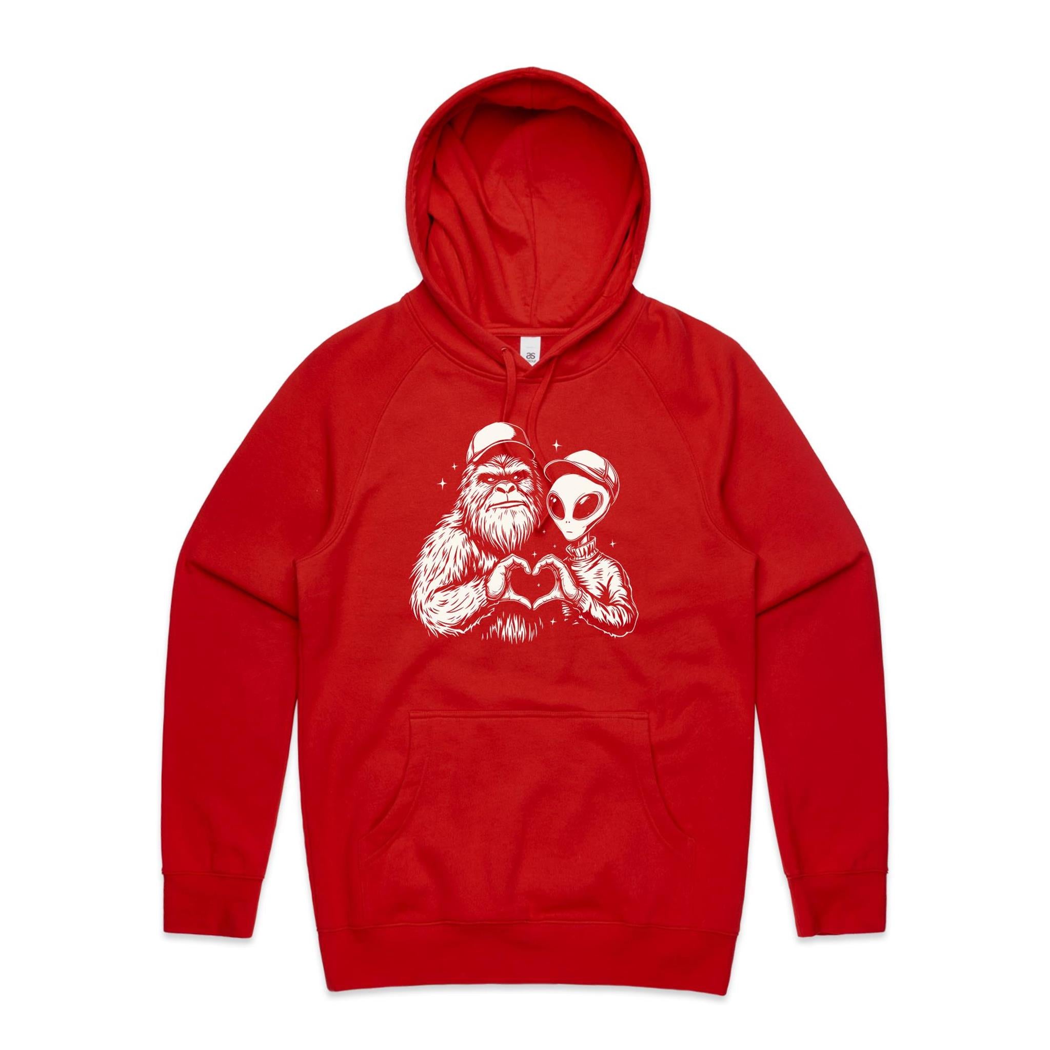 Alien Bigfoot Heart Hands - Mens Hoodie Red Mens Hoodie Love Printed In Australia Sci Fi