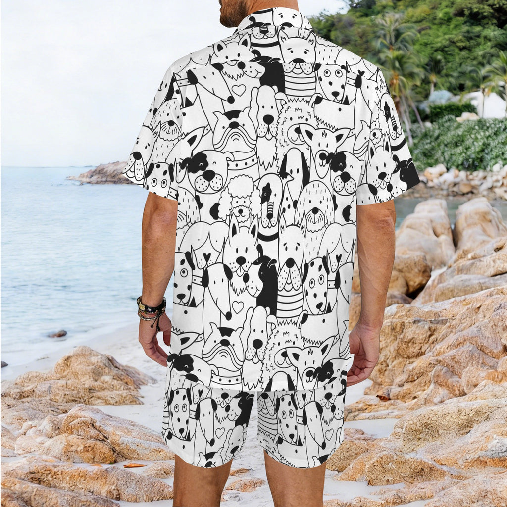 Black And White Dogs Men's Hawaiian Shirt & Shorts Set Men's Hawaiian Shirt & Shorts Set animal Printed Offshore
