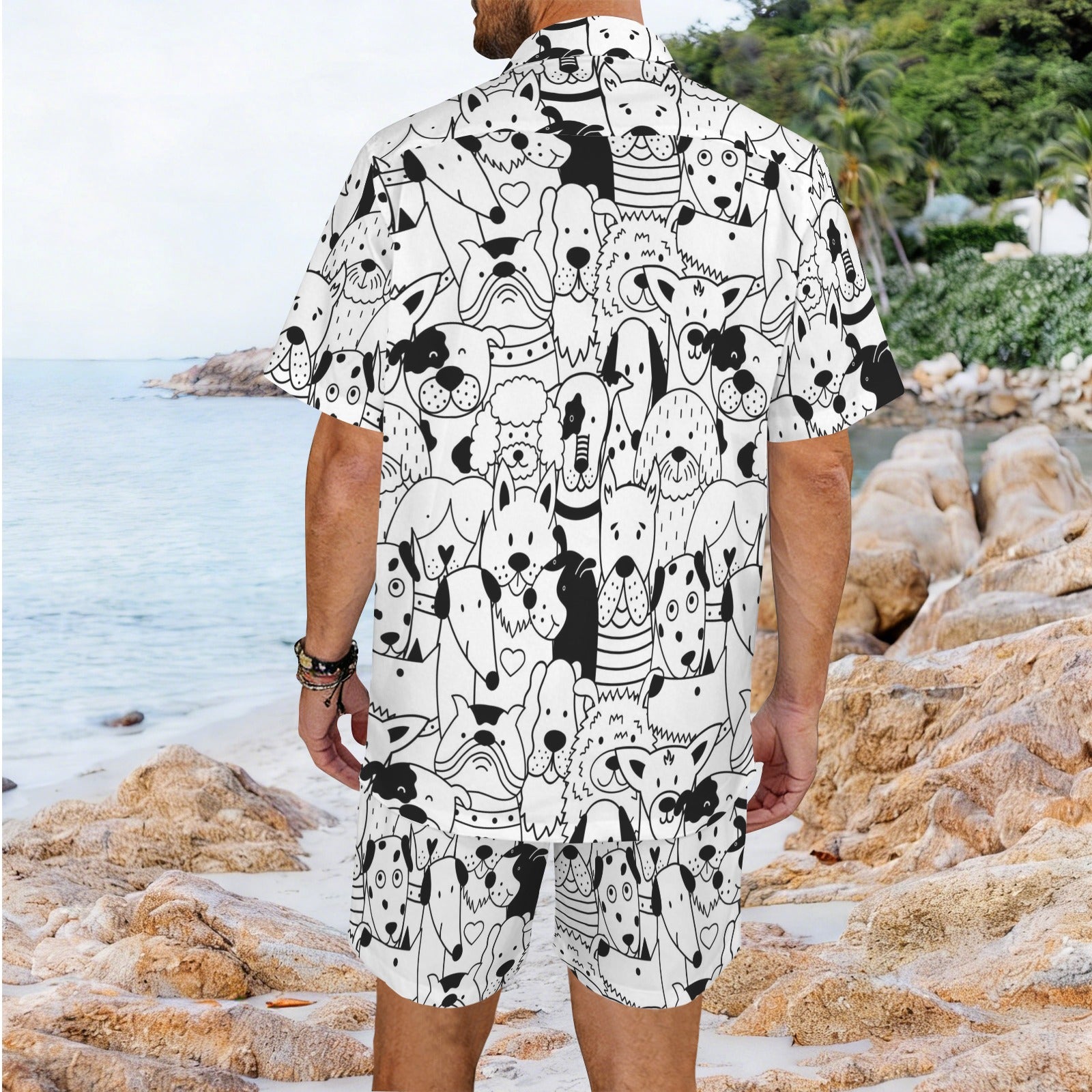 Black And White Dogs Men's Hawaiian Shirt & Shorts Set Men's Hawaiian Shirt & Shorts Set animal Printed Offshore