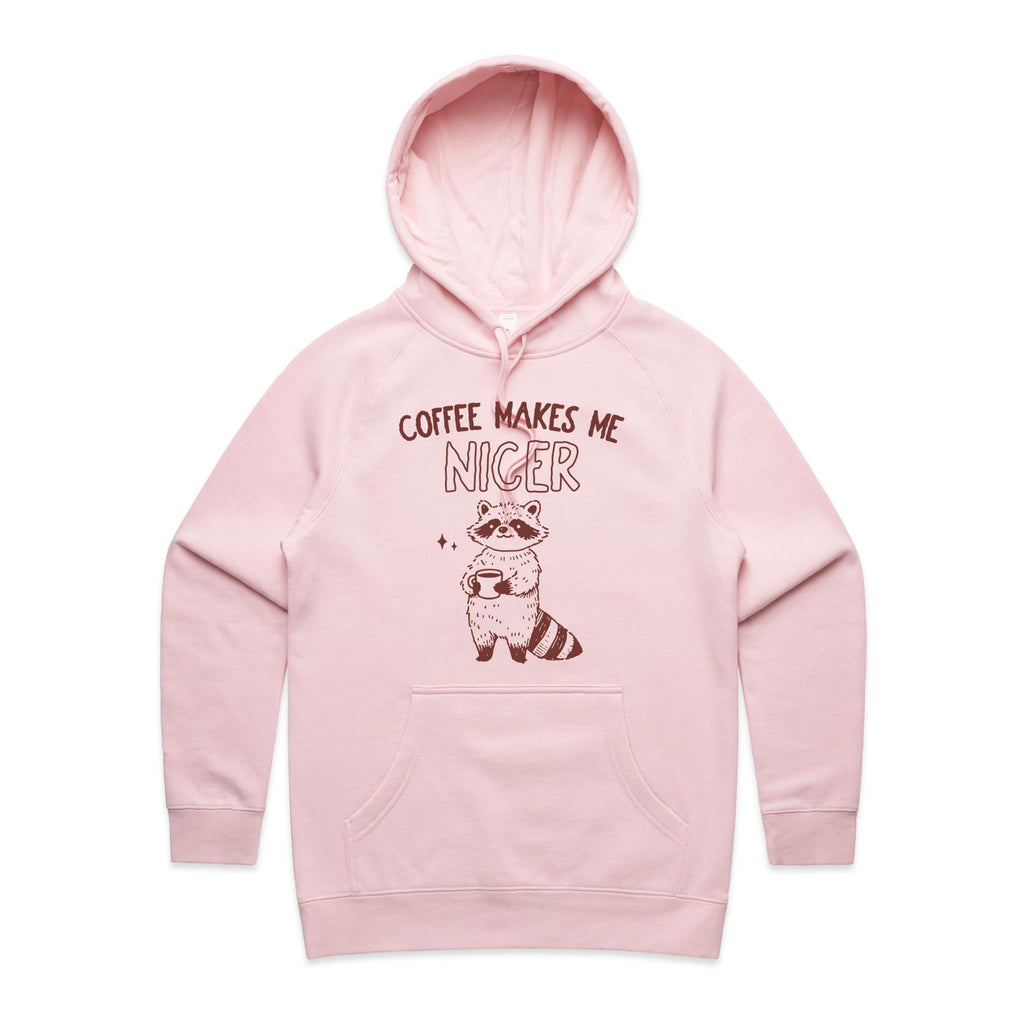 Coffee Makes Me Nicer, Raccoon - Womens Hoodie Pink Womens Hoodie animal Coffee Printed In Australia