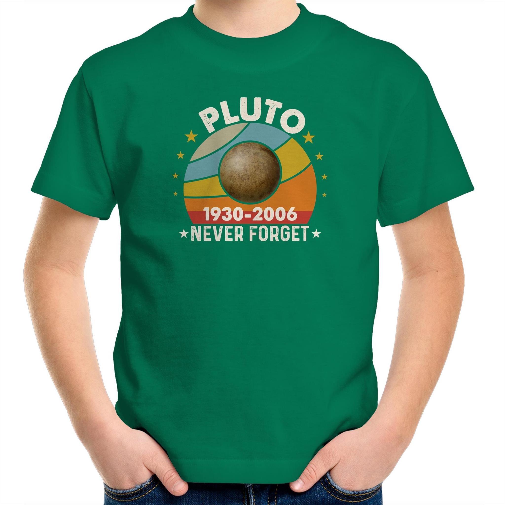 Never Forget Pluto - Kids Youth T-Shirt Kelly Green Kids Youth T-shirt Printed In Australia Space