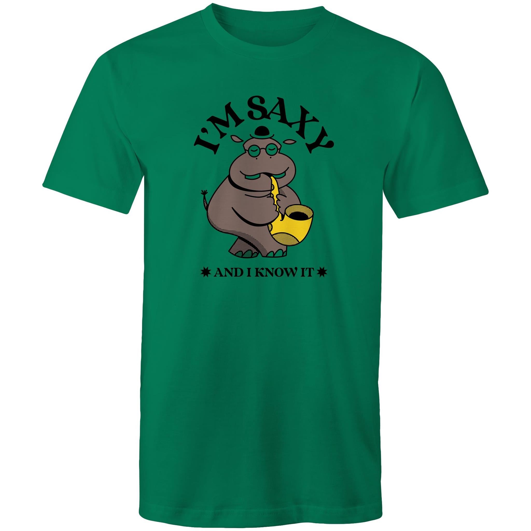 I'm Saxy And I Know It, Saxophone Hippo - Mens T-Shirt Kelly Green Mens T-shirt animal Music Printed In Australia