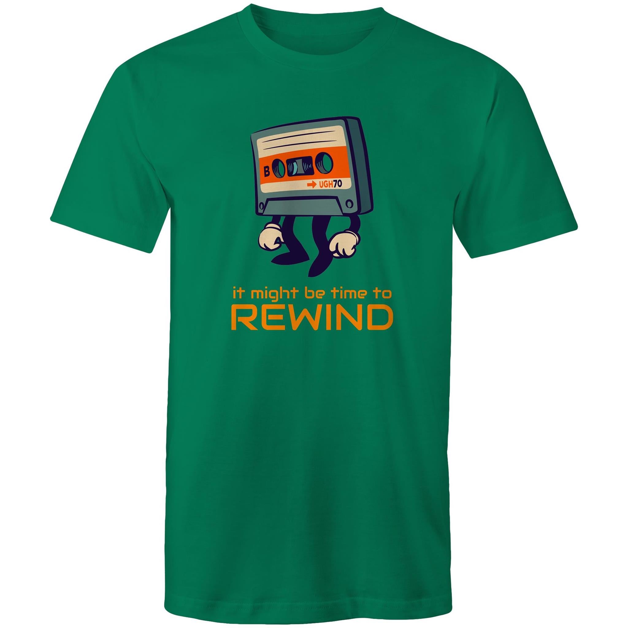 Cassette Tape, It Might Be Time To Rewind - Mens T-Shirt Kelly Green Mens T-shirt Music Printed In Australia Retro