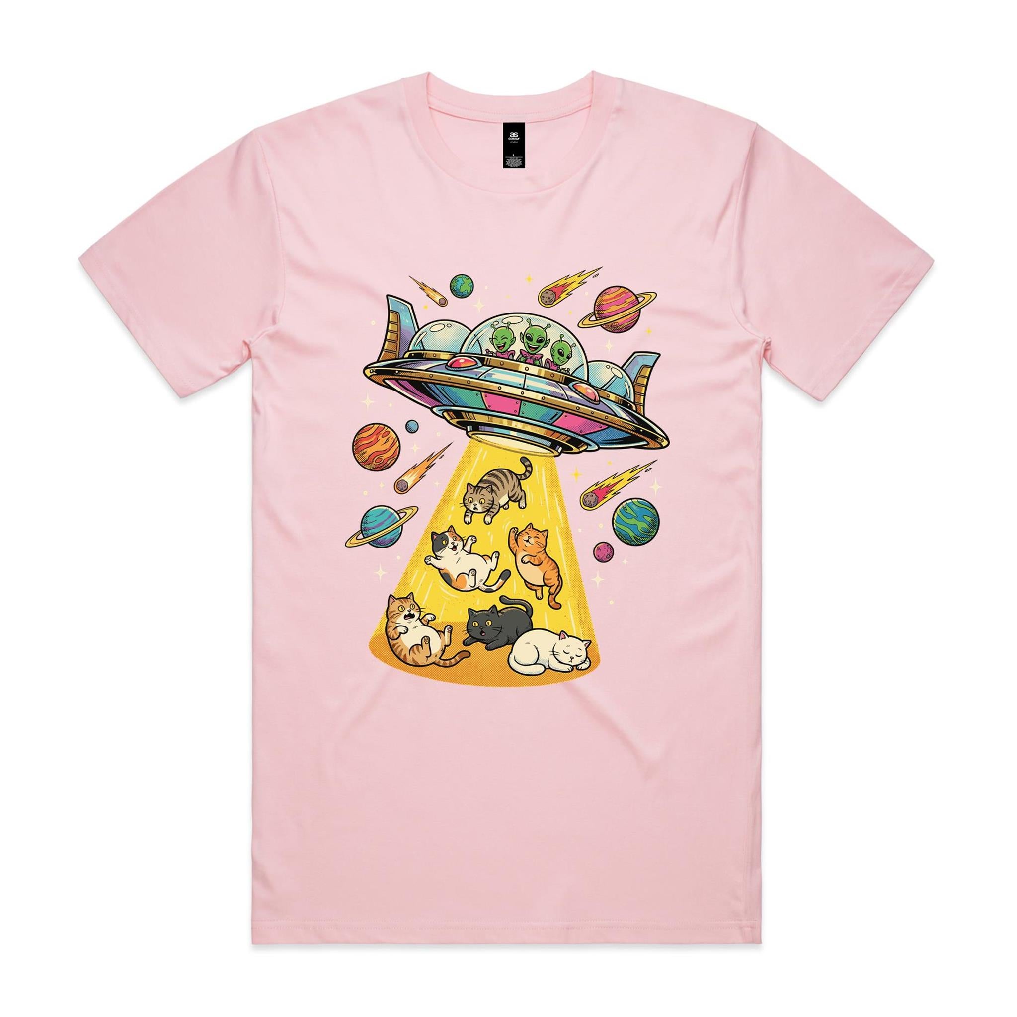 UFO Cat Abduction - Men's AS Colour T-shirt Pink Mens T-shirt animal Printed In Australia Sci Fi