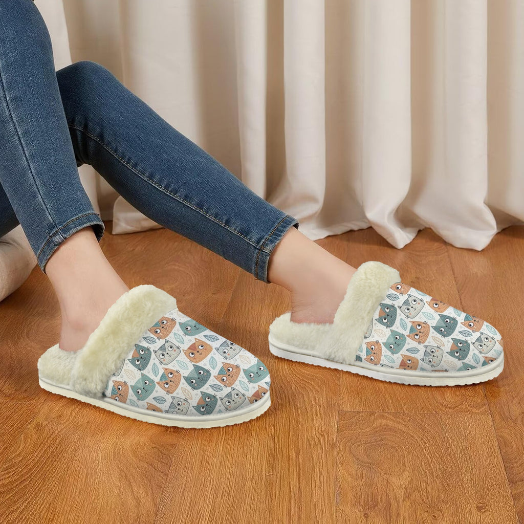 Cute Cat Faces Women's Fur Trim Thick-Sole Indoor Slippers Women's Fur Trimmed Slippers animal Printed Offshore