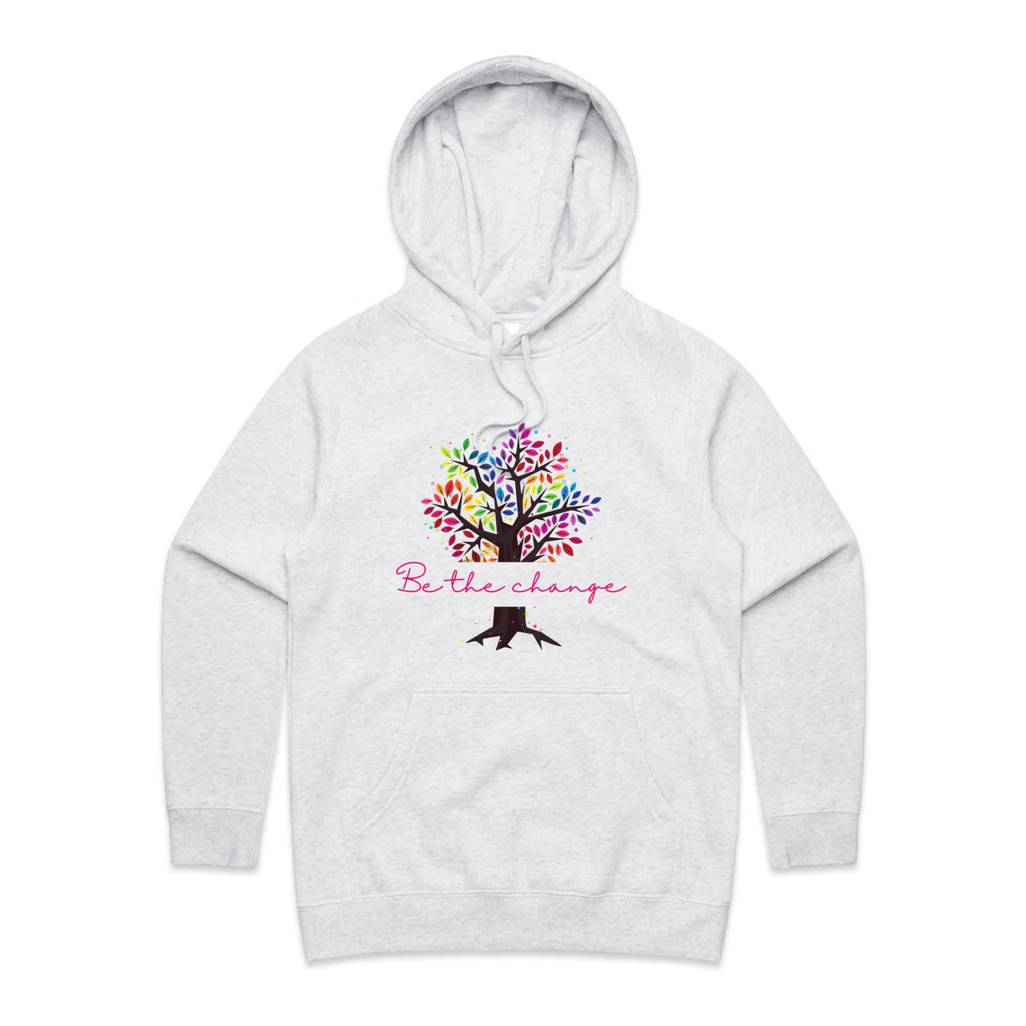 Be The Change - Womens Hoodie White Marle Womens Hoodie Printed In Australia