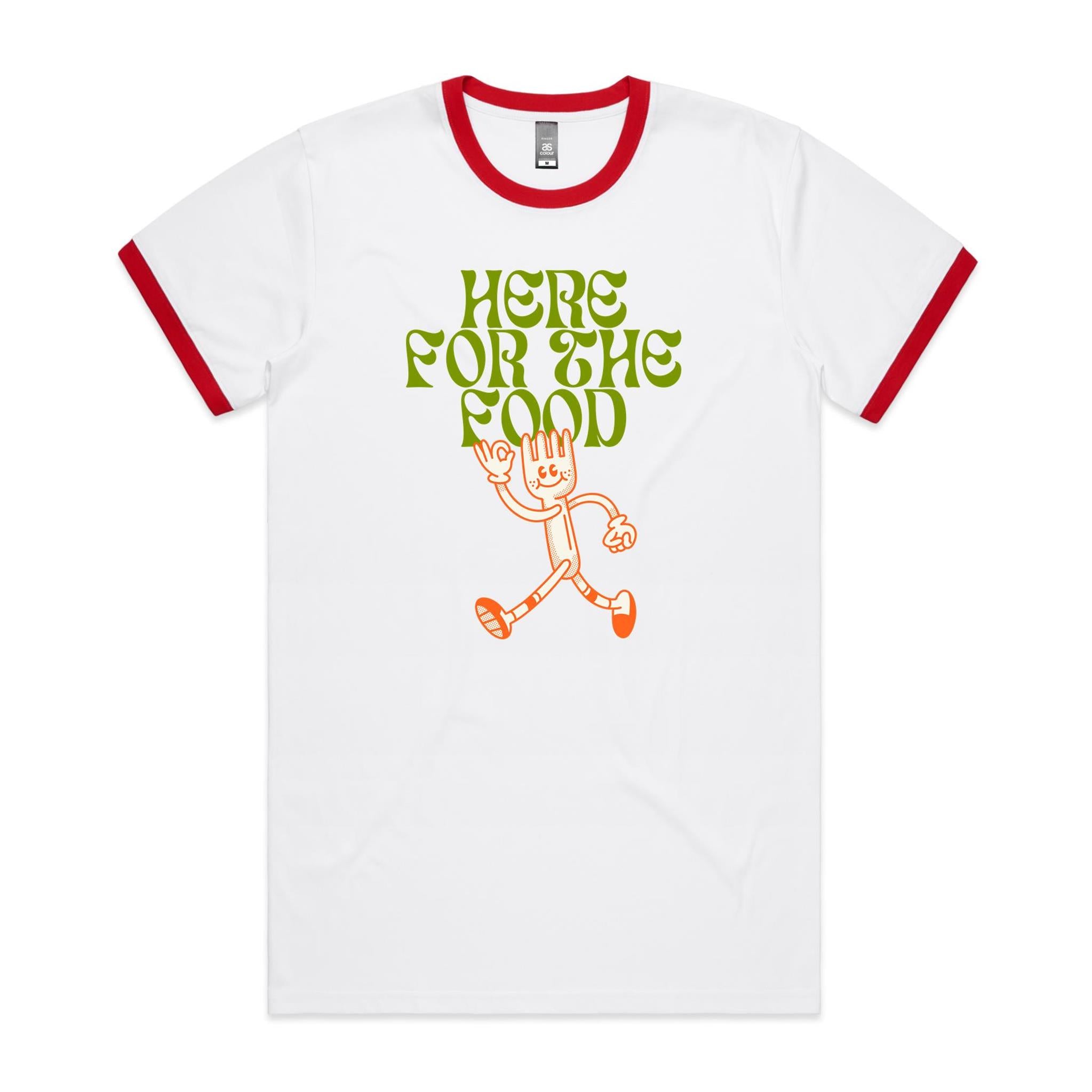 Here For The Food - Staple Ringer Tee White Red Ringer T-Shirt Food Printed In Australia