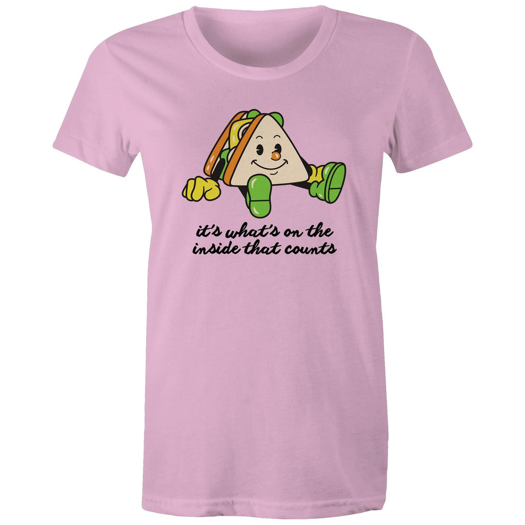 Sandwich, It's What's On The Inside That Counts - Womens T-shirt Pink Womens T-shirt Food Positivity Printed In Australia