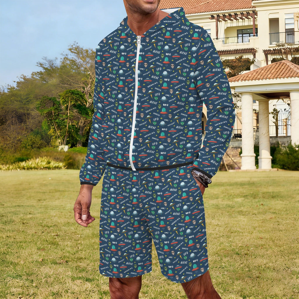 UFO's And Aliens Men's Lightweight Sun Hoodie & Shorts Set Men's Lightweight Sun Hoodie & Shorts Printed Offshore Sci Fi
