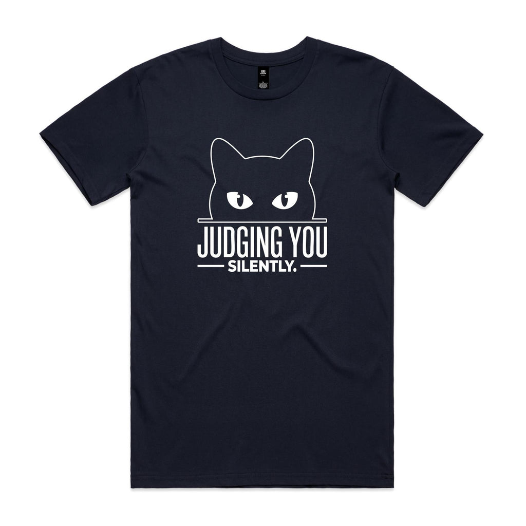 Judging You Silently Cat Men's AS Colour T-shirt Navy Mens T-shirt animal Printed In Australia