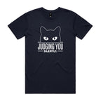 Judging You Silently Cat Men's AS Colour T-shirt Navy Mens T-shirt animal Printed In Australia
