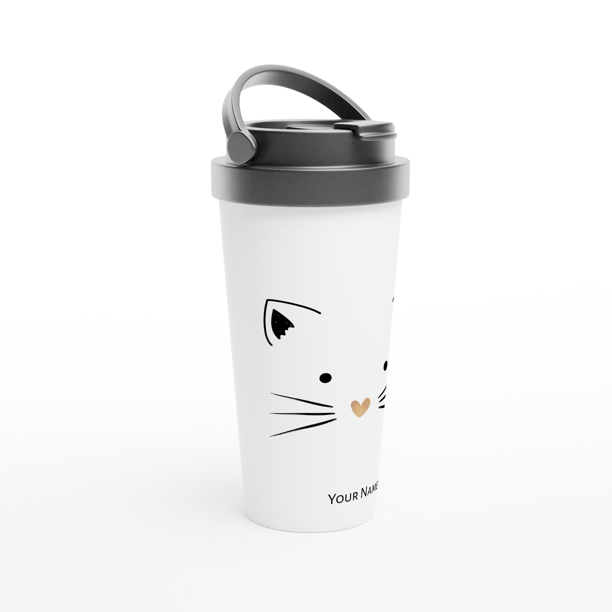 Personalised - Cat Gold Heart Nose - White 15oz Stainless Steel Travel Mug Personalised Travel Mug animal customise Globally Fulfilled personalise