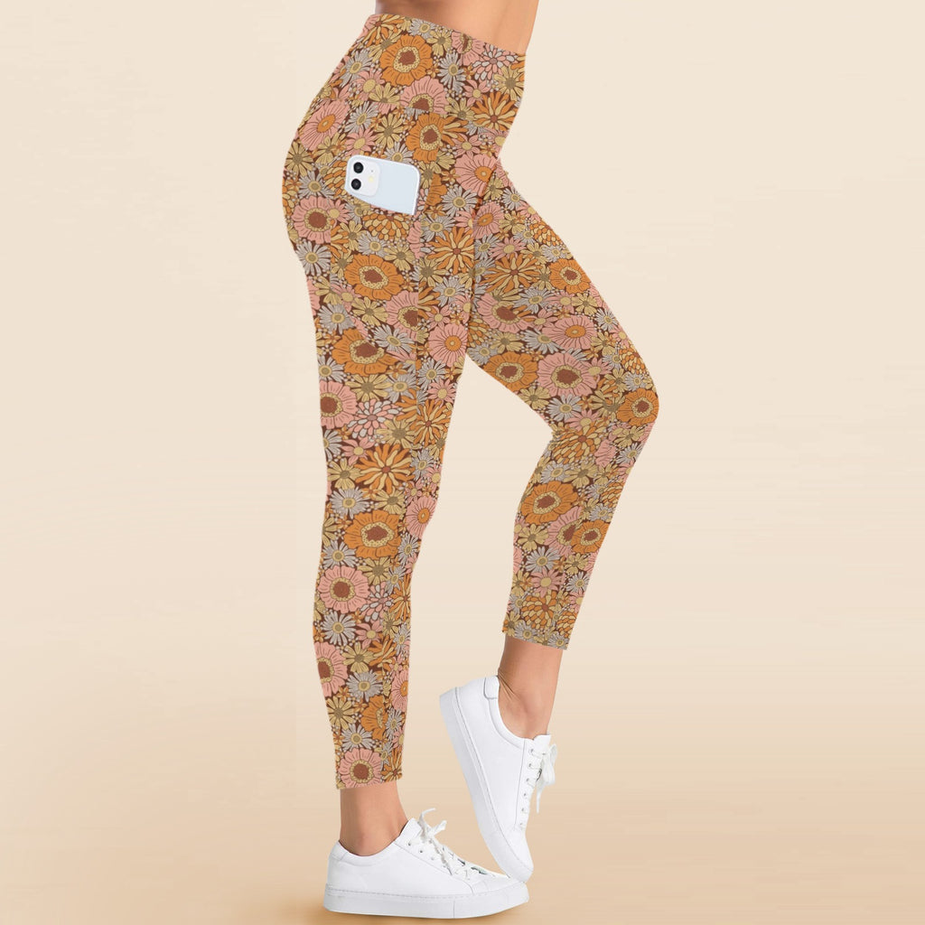 Orange Retro Floral Women's High Waist Pockets Yoga Leggings