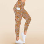 Orange Retro Floral Women's High Waist Pockets Yoga Leggings