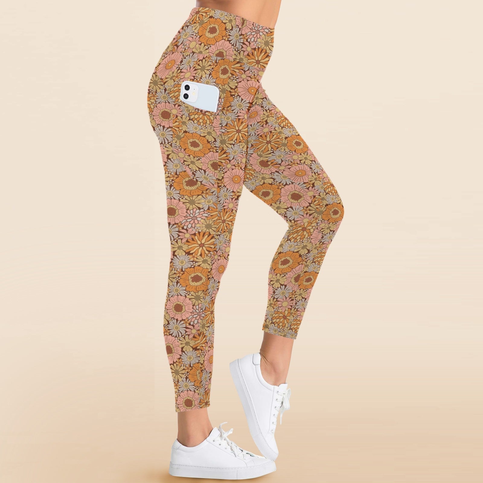 Orange Retro Floral Women's High Waist Pockets Yoga Leggings