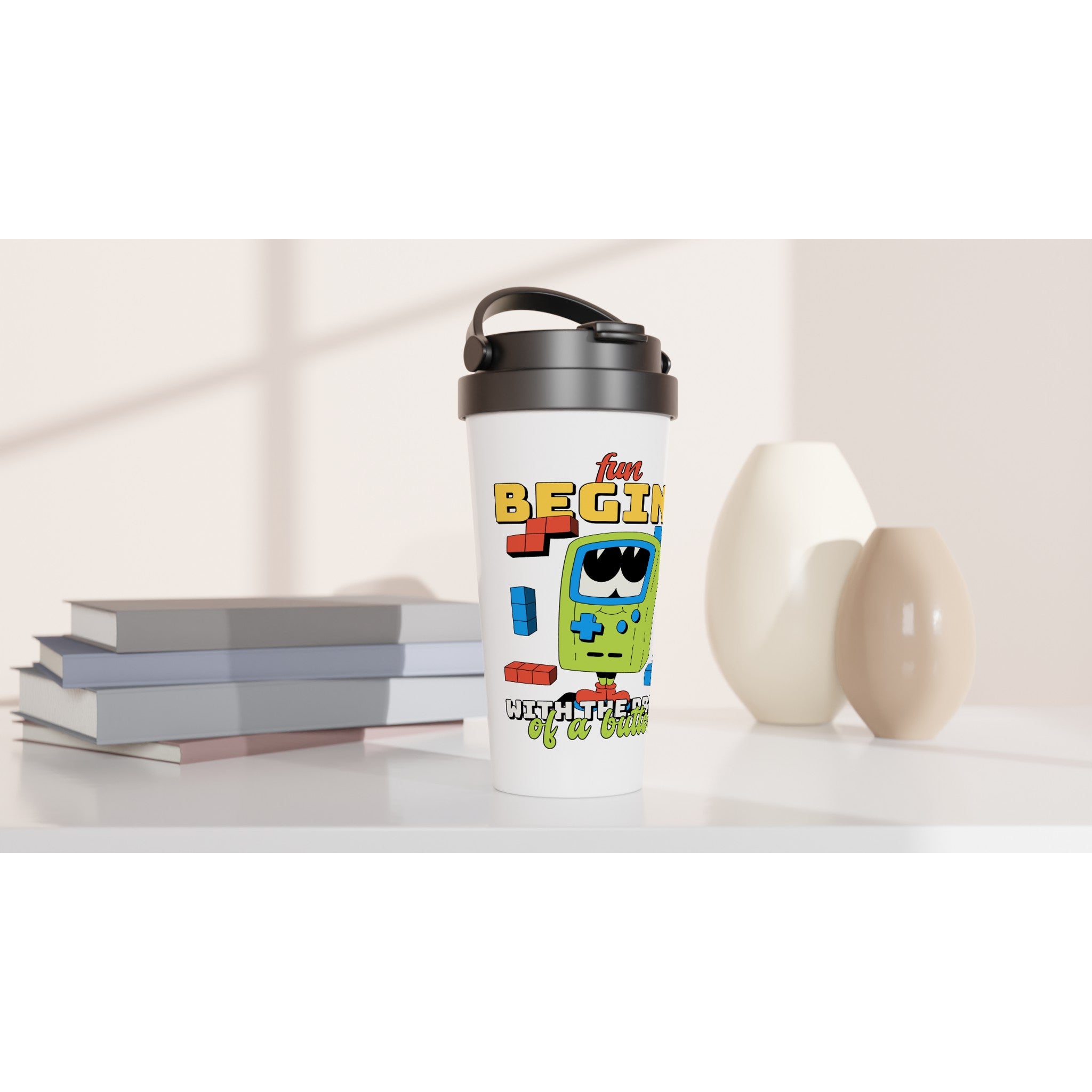 Fun Begins With The Press Of A Button - White 15oz Stainless Steel Travel Mug Travel Mug Games Globally Fulfilled
