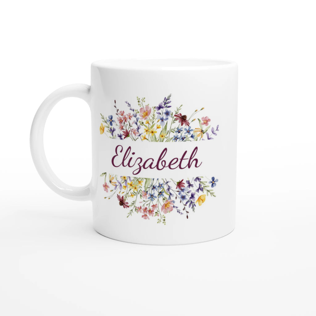 Personalise - Flower Frame Name - 11oz Ceramic Mug Ceramic White Personalised 11oz Mug customise Globally Fulfilled Name personalise Plants