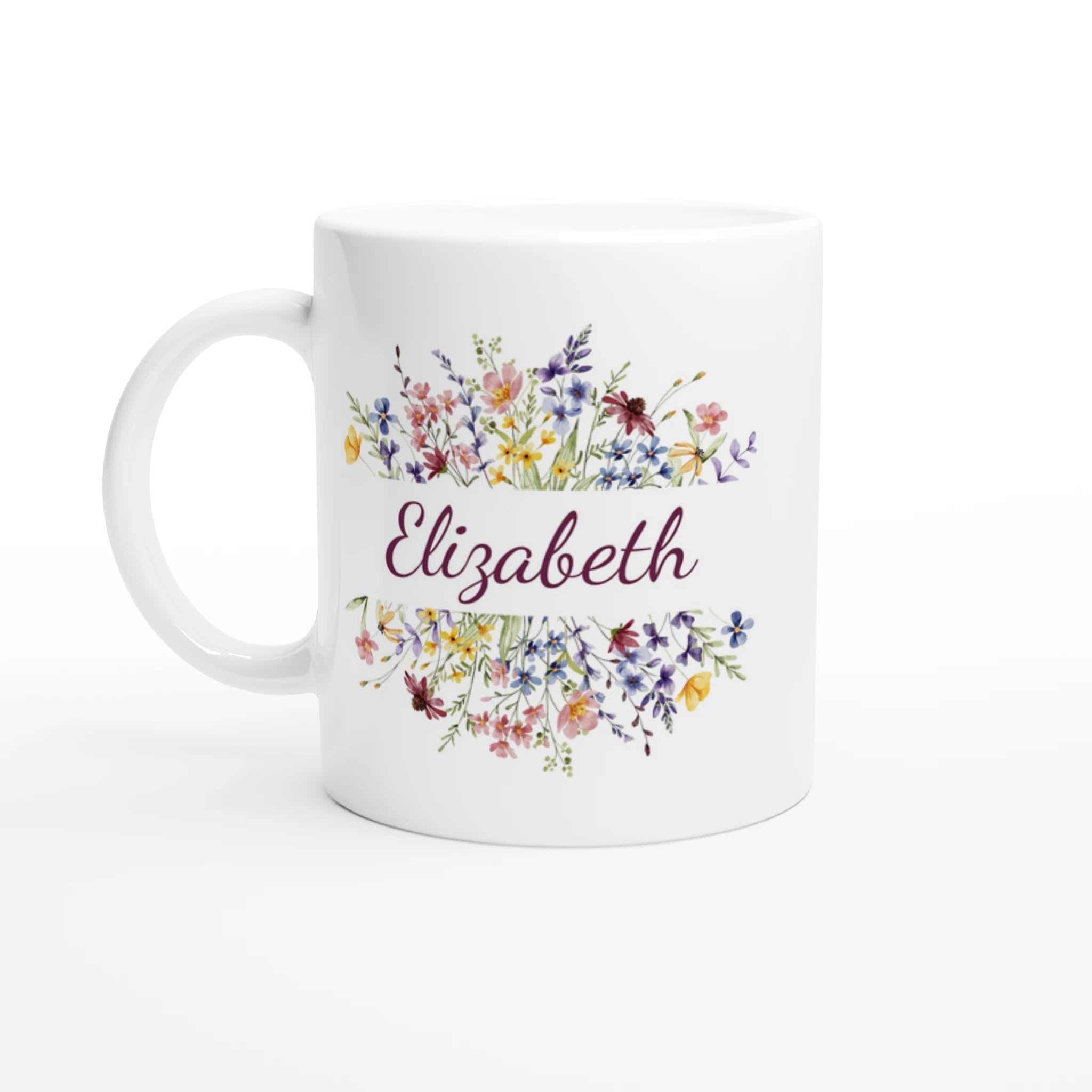 Personalise - Flower Frame Name - 11oz Ceramic Mug Ceramic White Personalised 11oz Mug customise Globally Fulfilled Name personalise Plants