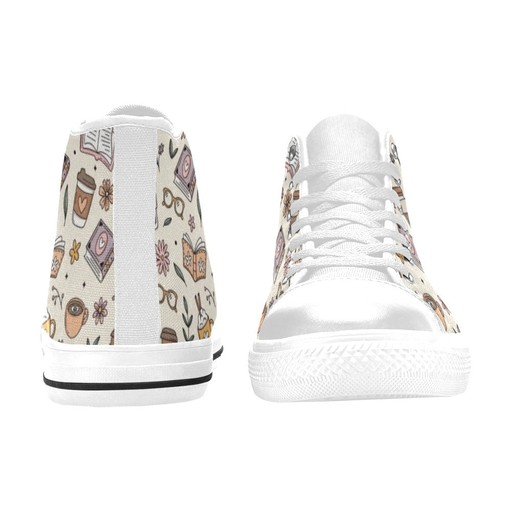 Books And Coffee Women's High Top Canvas Shoes Womens Classic High Top Shoes Coffee Printed Offshore Reading