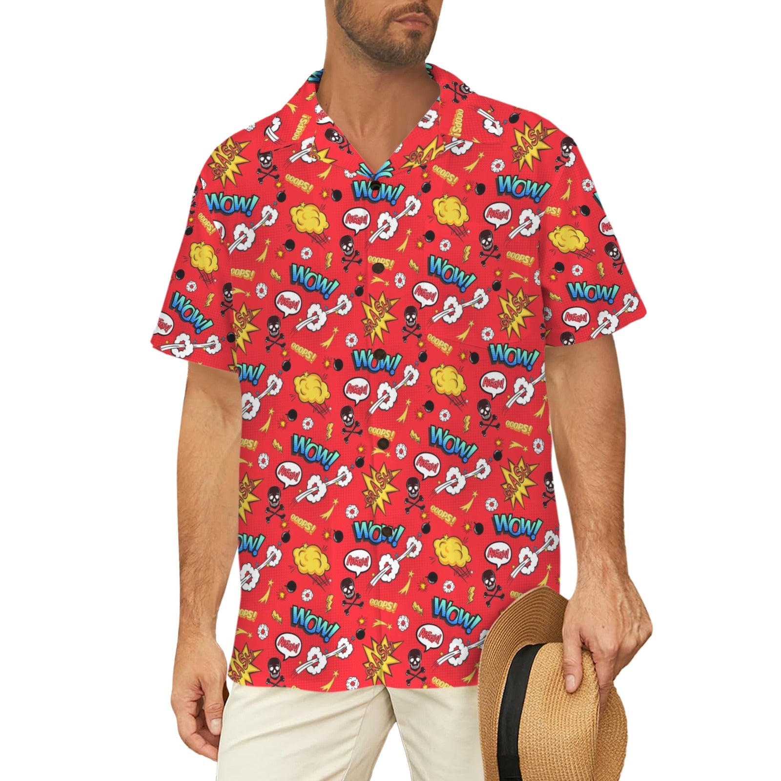 Comic Book Red Men's Short Sleeve Hawaiian Shirt Men's Hawaiian Shirt (New) comic Printed Offshore