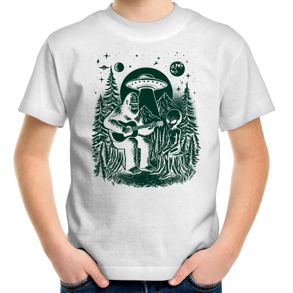 Alien And Bigfoot Playing Guitar - Kids Youth T-shirt White Kids Youth T-shirt Music Printed In Australia Sci Fi