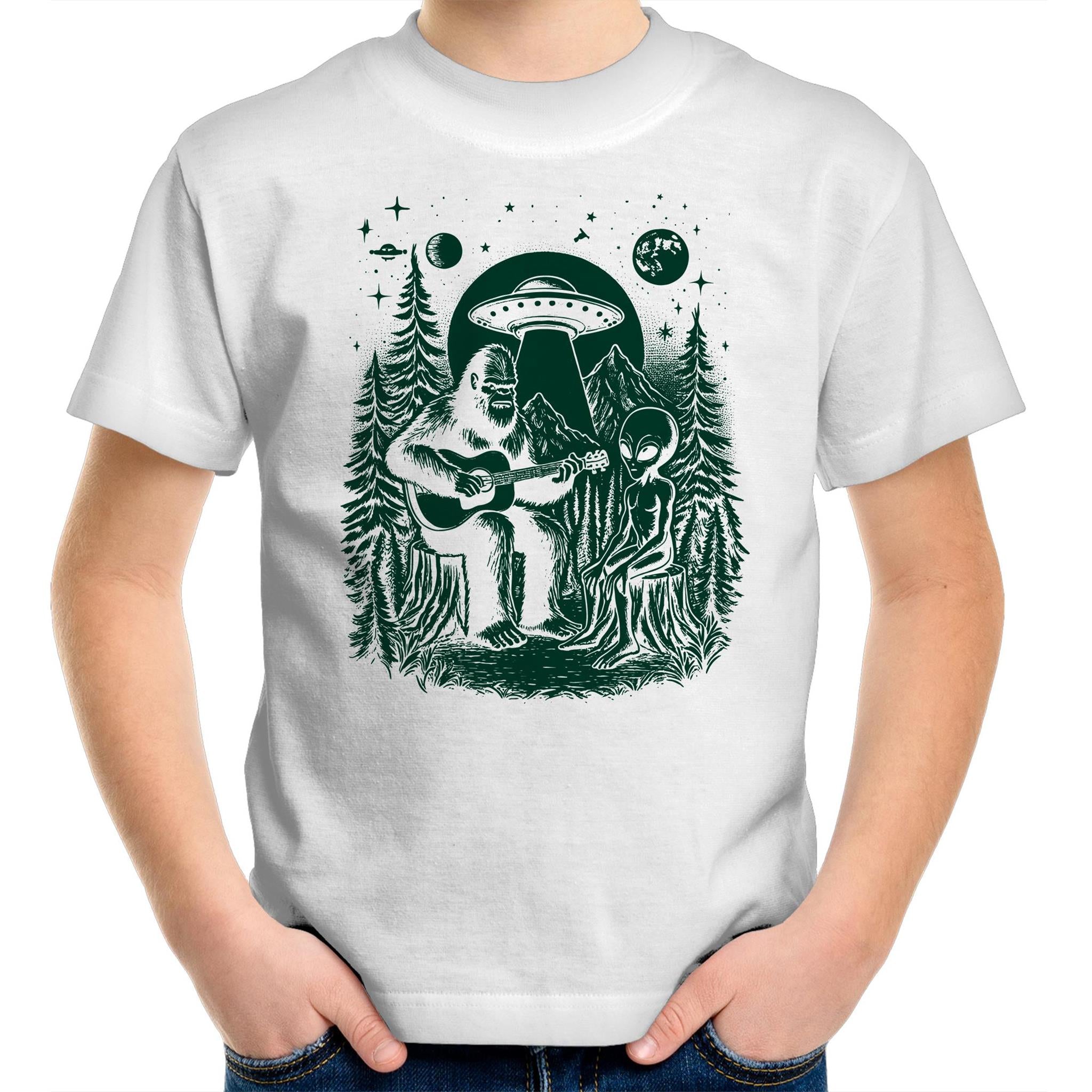 Alien And Bigfoot Playing Guitar - Kids Youth T-shirt White Kids Youth T-shirt Music Printed In Australia Sci Fi