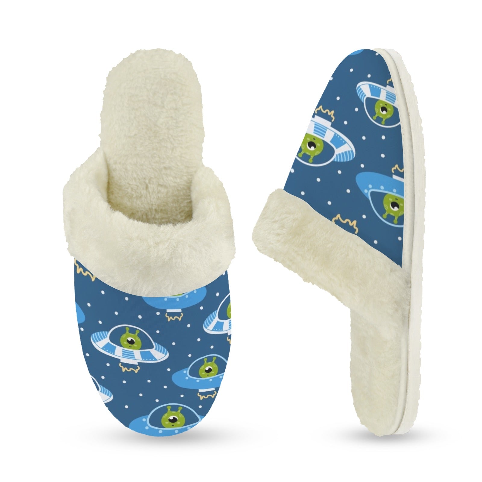 Cute Aliens in UFOs Women's Fur Trim Thick-Sole Indoor Slippers Women's Fur Trimmed Slippers Printed Offshore Sci Fi