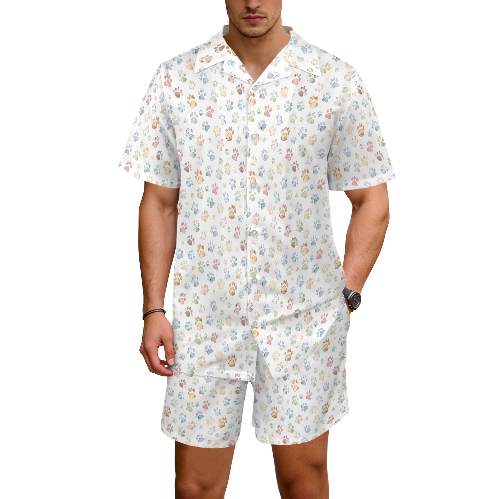 Paw Print Men's Hawaiian Shirt & Shorts Set Men's Hawaiian Shirt & Shorts Set animal Printed Offshore