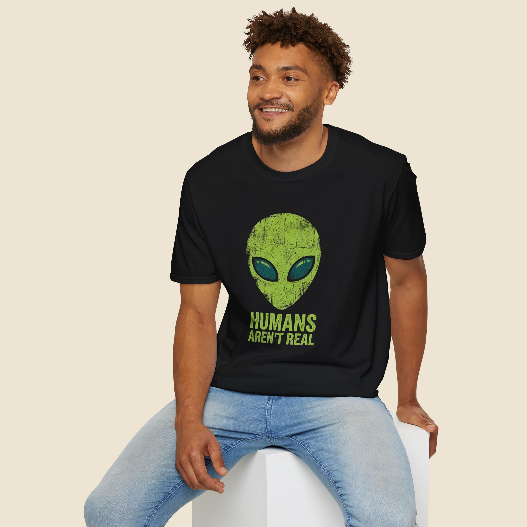 Green Alien Head Humans Aren't Real Unisex T-Shirt Unisex Adult T-shirt Globally Fulfilled Sci Fi