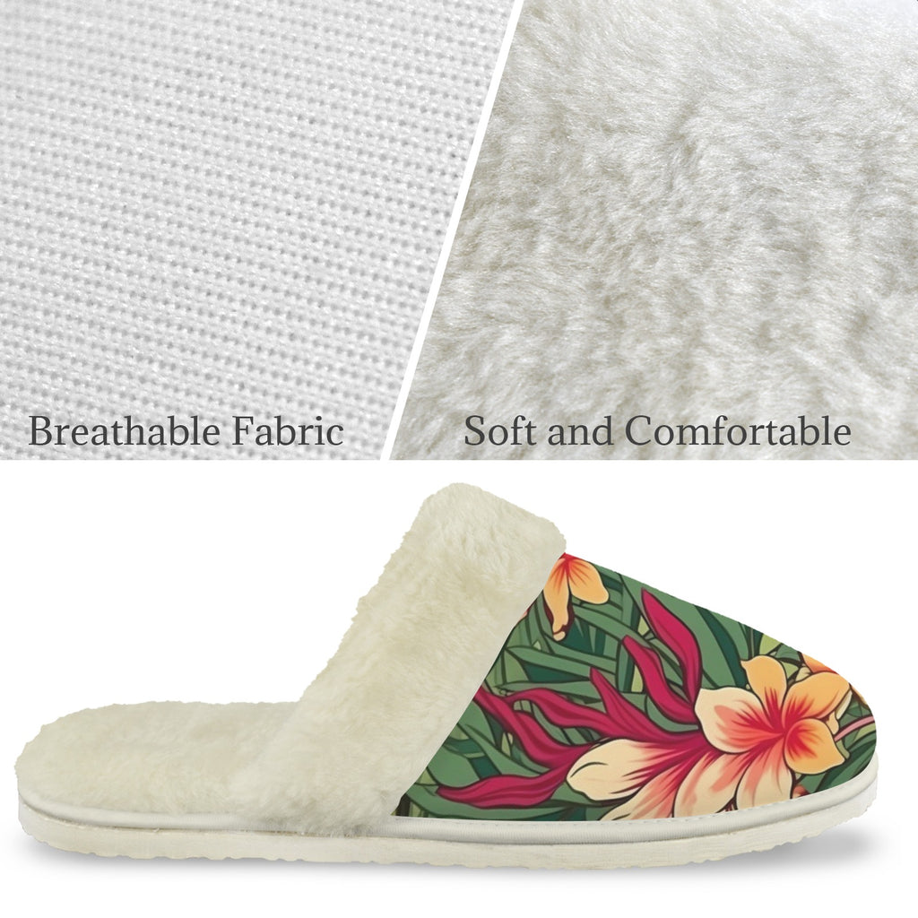 Vintage Hawaiian Floral Women's Fur Trim Thick-Sole Indoor Slippers Women's Fur Trimmed Slippers Plants Printed Offshore