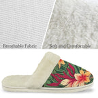 Vintage Hawaiian Floral Women's Fur Trim Thick-Sole Indoor Slippers Women's Fur Trimmed Slippers Plants Printed Offshore