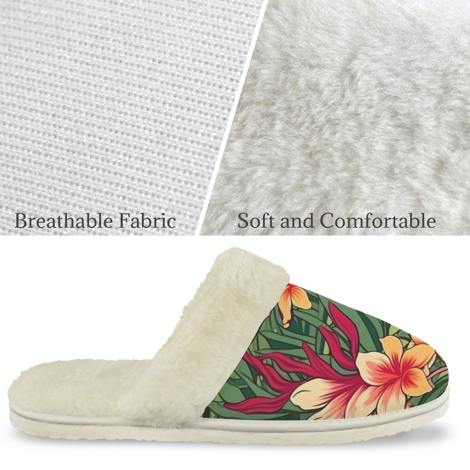 Vintage Hawaiian Floral Women's Fur Trim Thick-Sole Indoor Slippers Women's Fur Trimmed Slippers Plants Printed Offshore