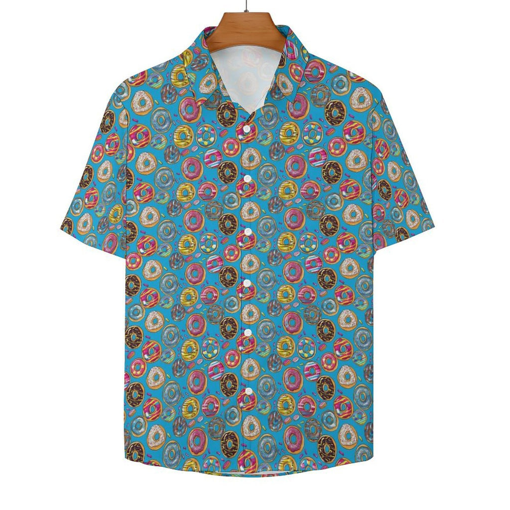 Doughnuts On Blue Women's Collared Pocketless Short Sleeve Shirt