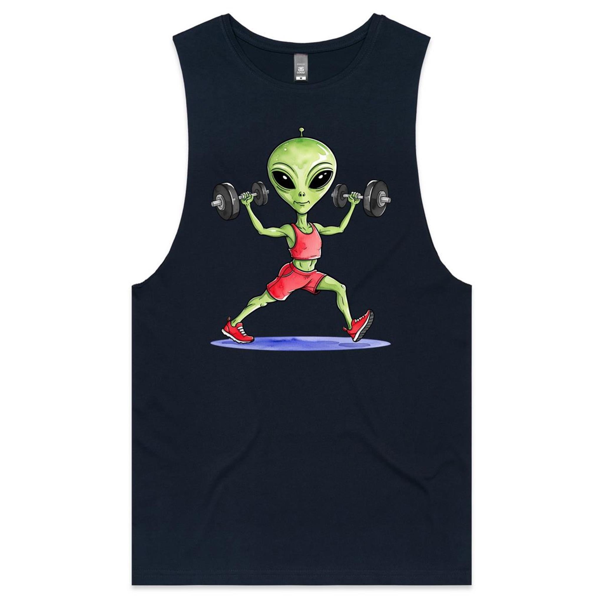 Alien Dumbells - Tank Top Tee Navy Drop Arm Tank Top Fitness Printed In Australia