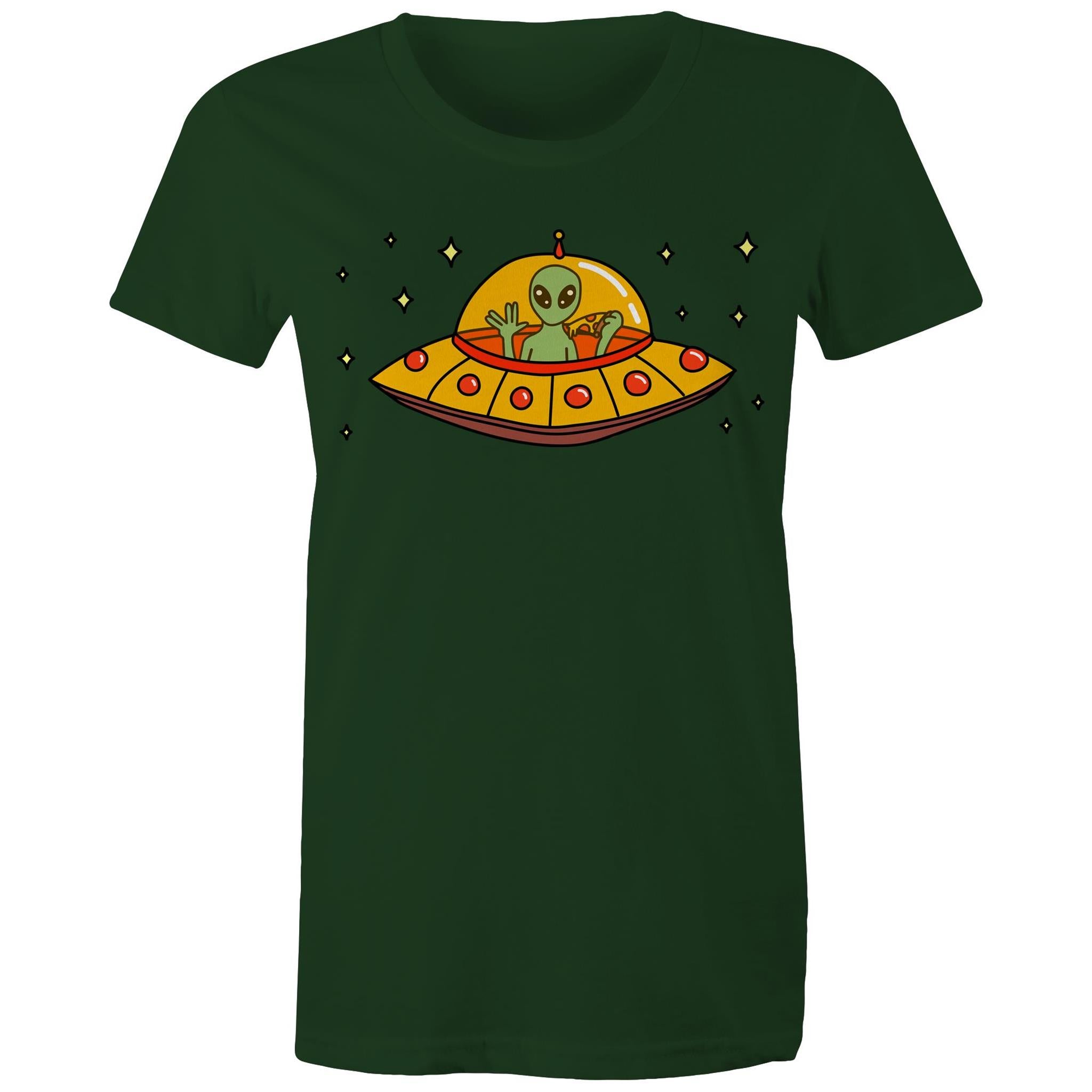 Alien Pizza - Womens T-shirt Forest Green Womens T-shirt Food Printed In Australia Sci Fi