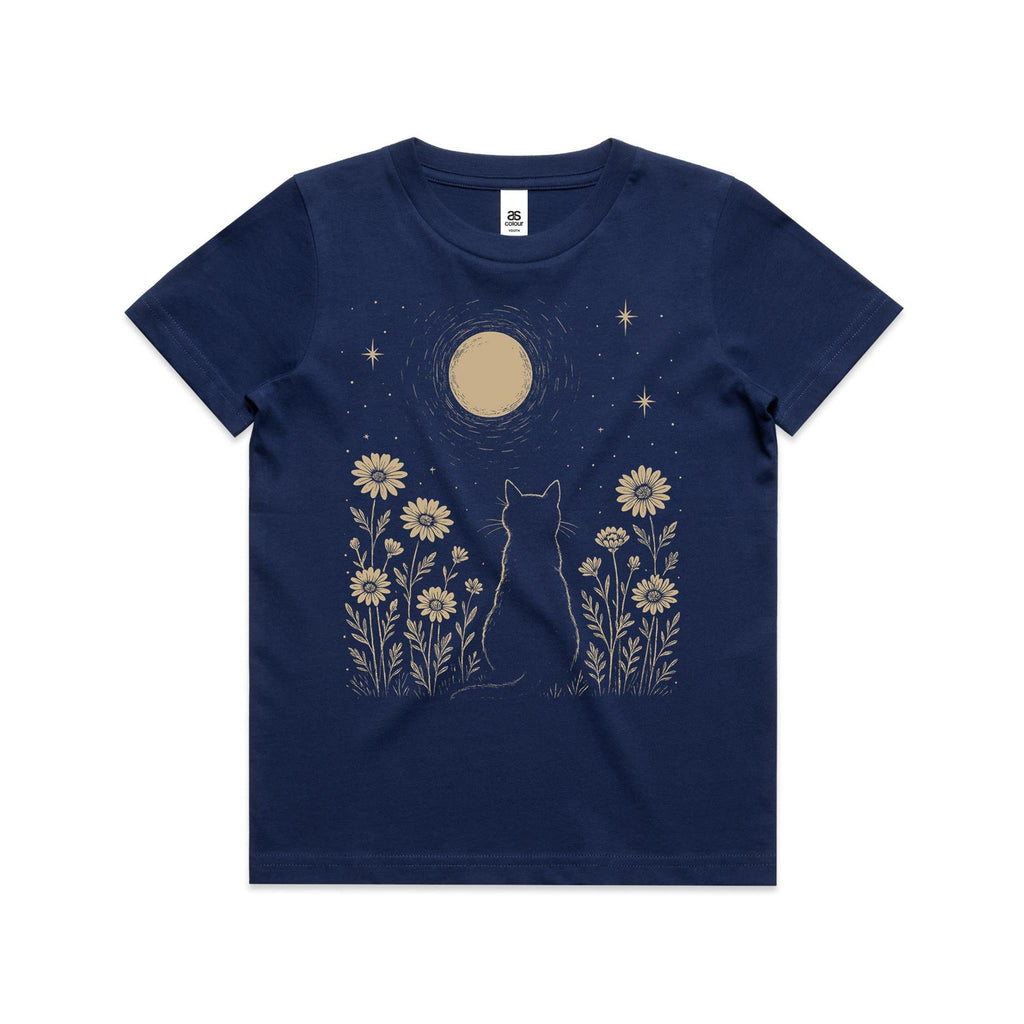 Whimsical Cat And Moon Kid's AS Colour T-shirt Cobalt Kids Youth T-shirt animal Printed In Australia